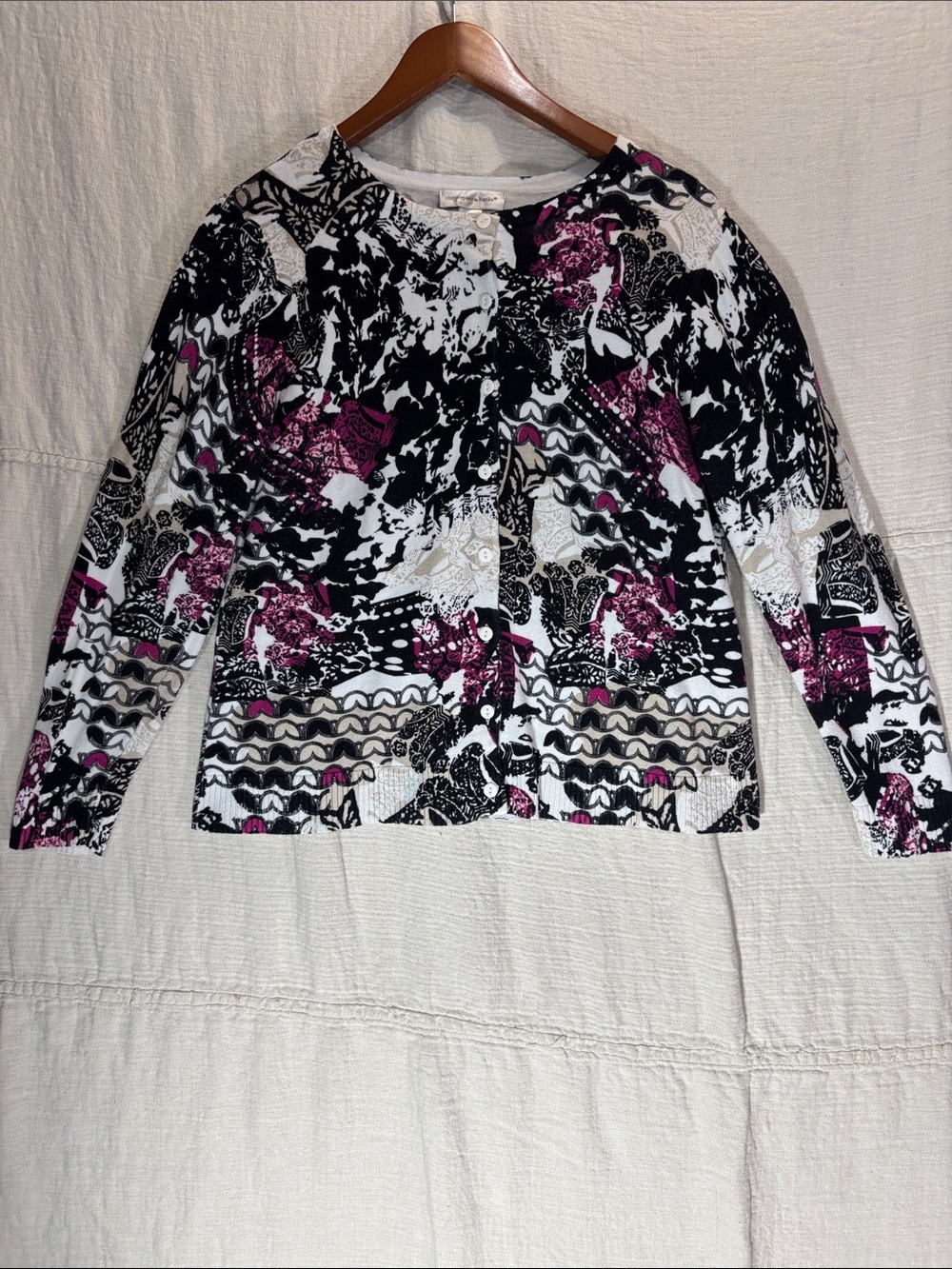 Christopher & Banks Black White and Magenta Abstract Cardigan 100% Cotton